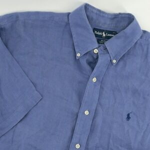 Ralph Lauren Mens Blake Linen Button Down Shirt Short Sleeve Blue Size L